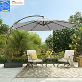Grand Patio 12 ft Deluxe Napoli cantilever umbrella in light gray, positioned over a patio seating area with two chairs.