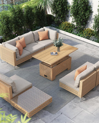 GRAND PATIO Wicker Patio Furniture Set with Lift Top Storage Table, 47" Fire Pit Table, All Weather Outdoor Sectional Sofa with Beige Thick Cushions