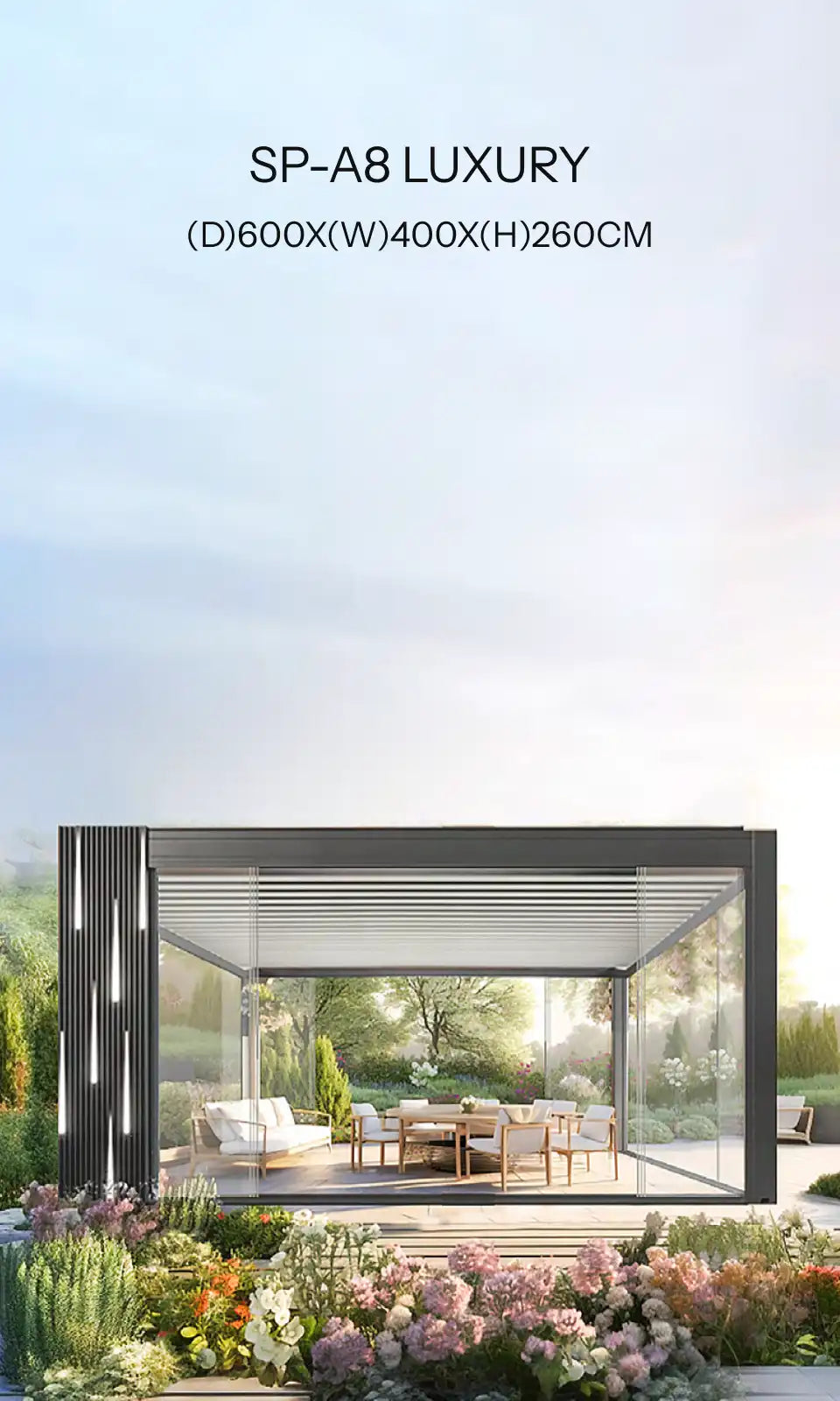 Modern sliding glass door with outdoor view and branding text 'SP-A8 LUXURY'.