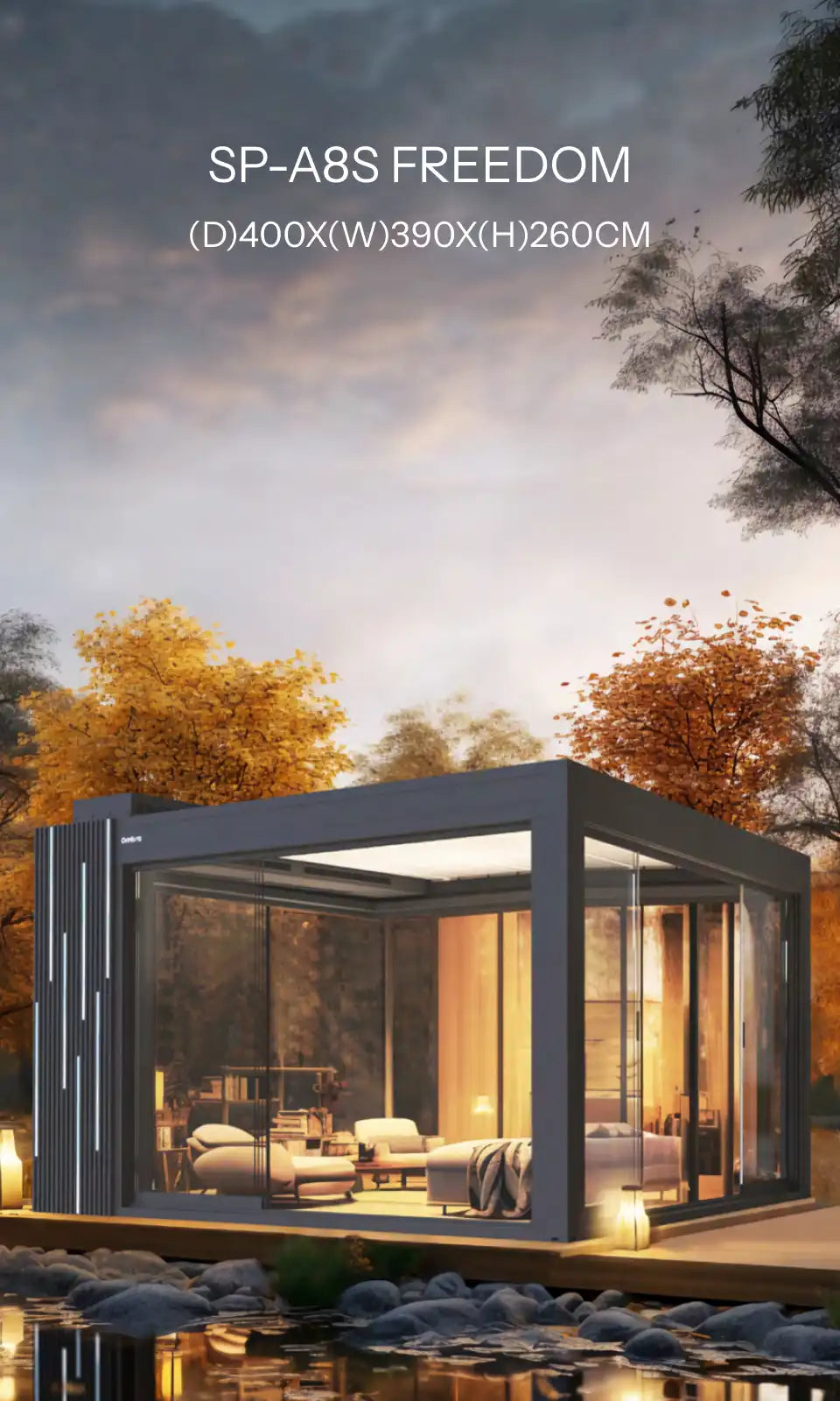 Modern modular building with 'SP-A8S FREEDOM' branding against a scenic background.