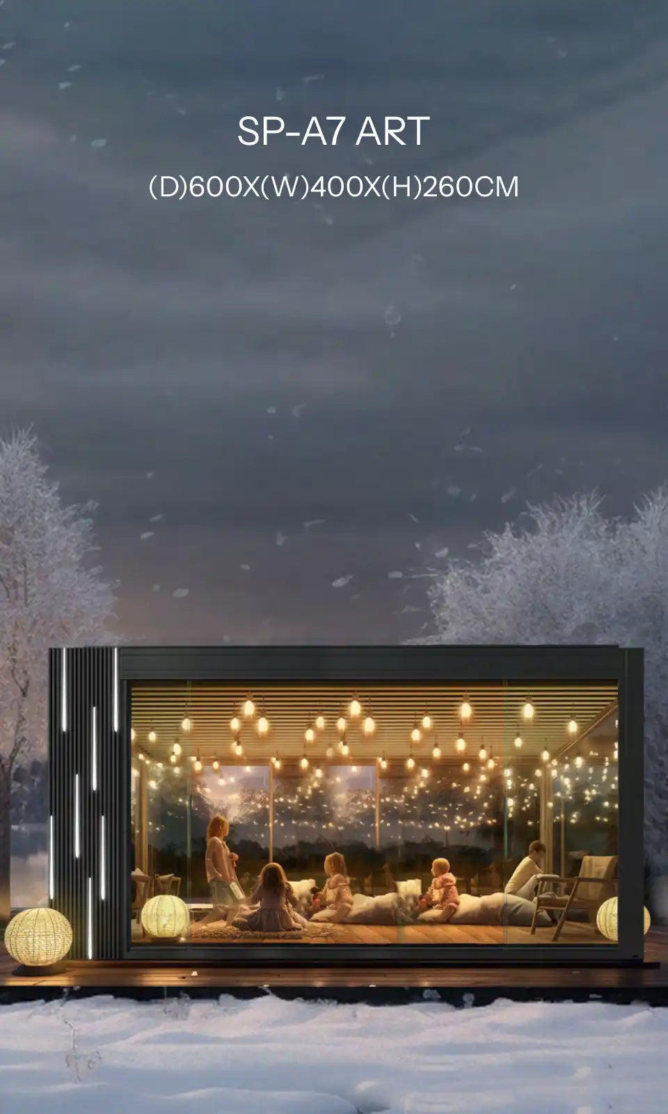 Modern fireplace with decorative lights and people around it, set against a snowy night sky.