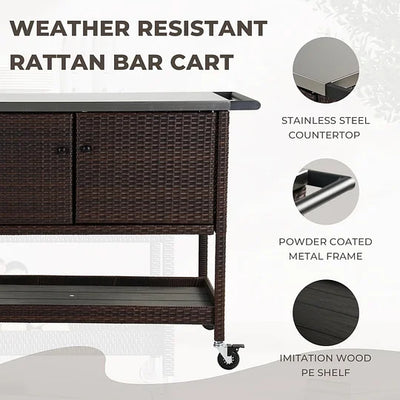 Weather-resistant rattan bar cart with features highlighted on a white background