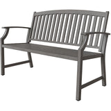 Gray aluminum and steel garden bench with faux wood finish, featuring slatted back and armrests.