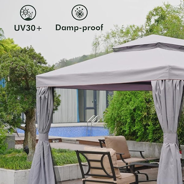 Outdoor canopy with UV30+ and damp-proof features in a garden setting.