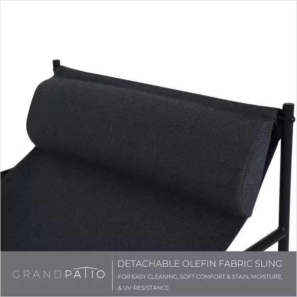 Black detachable olefin fabric sling on a chair with Grand patio branding.