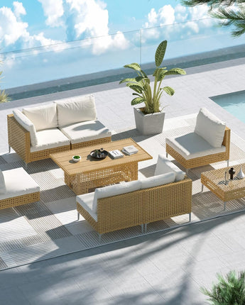 GRAND PATIO Wicker Patio Furniture Set with Lift Top Storage Table, 47" Fire Pit Table, All Weather Outdoor Sectional Sofa with Beige Thick Cushions