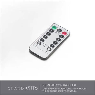 Remote control for outdoor lighting on a white background with 'GrandPatio' branding.