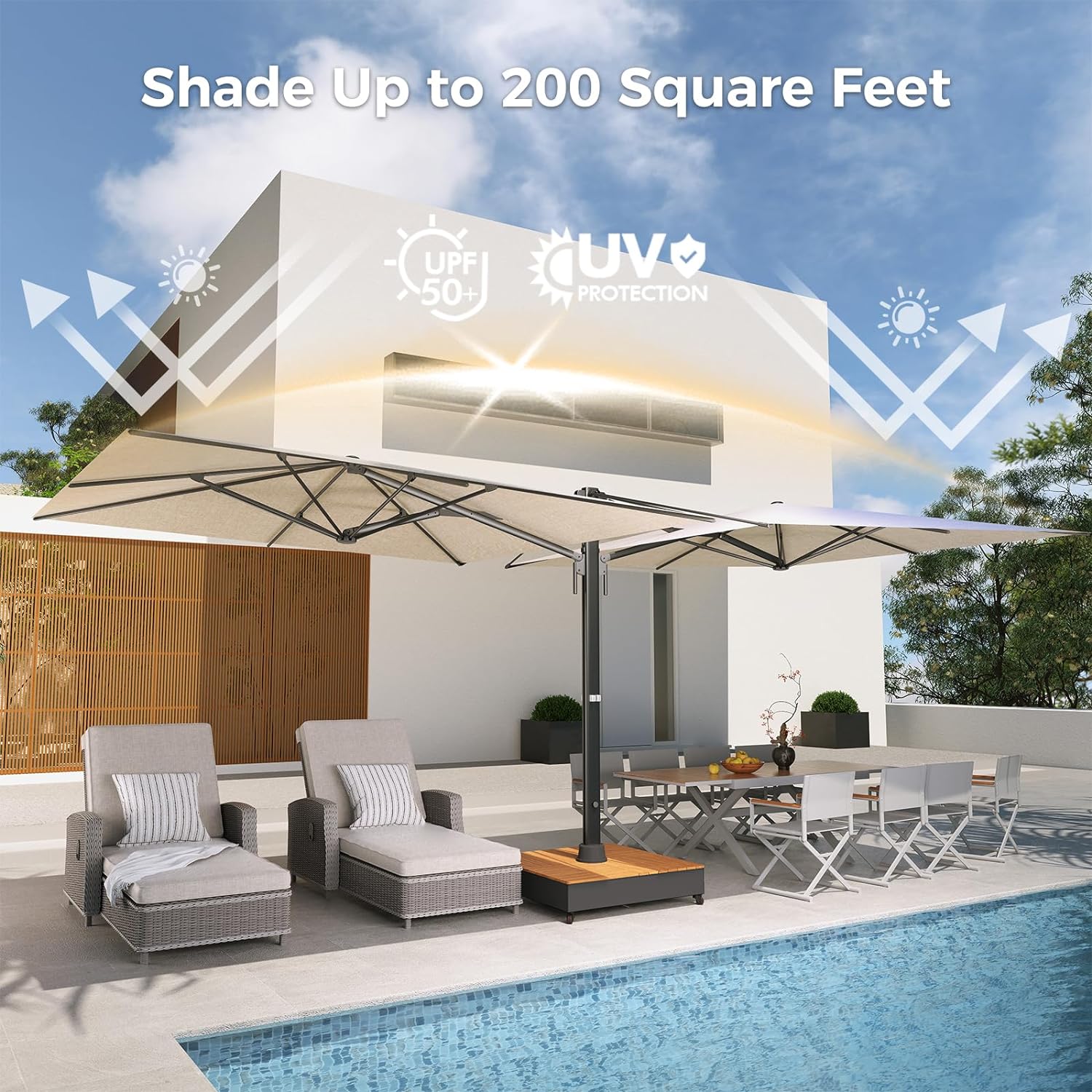 GRAND Patio Large Double-Sided Patio Umbrella with Base 10x10 ft with Umbrella Cover GRAND Patio Large Double-Sided Patio Umbrella with Base 10x10 ft with Umbrella Cover