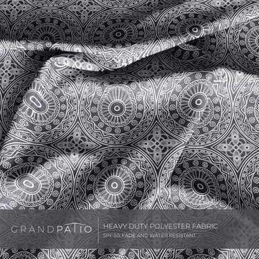 Heavy duty polyester fabric in black and white pattern, featuring circular designs and a smooth texture.