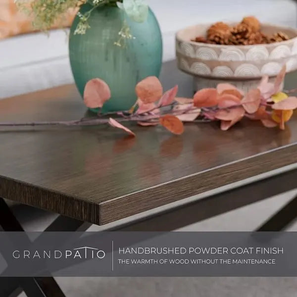 Wooden table with decorative elements and 'Grandpato' branding text.