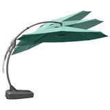 Deluxe Napoli cantilever umbrella in teal with a curved arm and sturdy base, designed for outdoor shade.