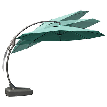Deluxe Napoli cantilever umbrella in teal with a curved arm and sturdy base, designed for outdoor shade.
