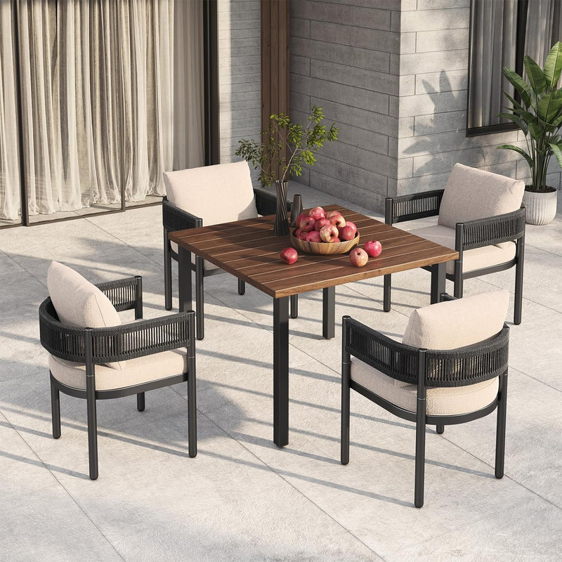 Mianyin 1 Outdoor Dining Chair Set, Metal Woven Wicker Fixed Patio Chairs with Grey Cushions.