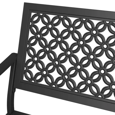Close-up of a black metal bench with decorative lattice pattern on a white background
