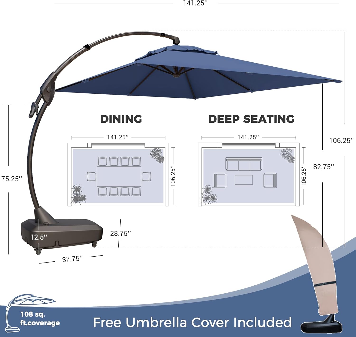 Grand Patio Large Rectangular Cantilever Umbrellas Easy Tilt, with Base and Umbrella Cover