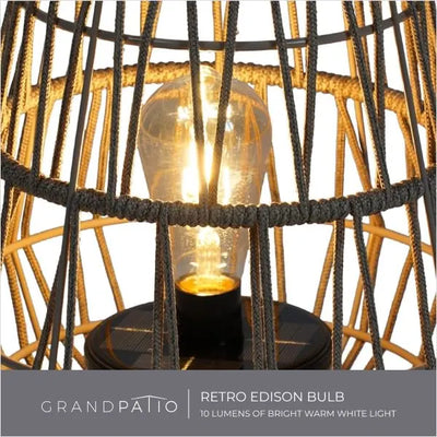 Retro Edison bulb in a woven cage with 'Grand patio' branding.