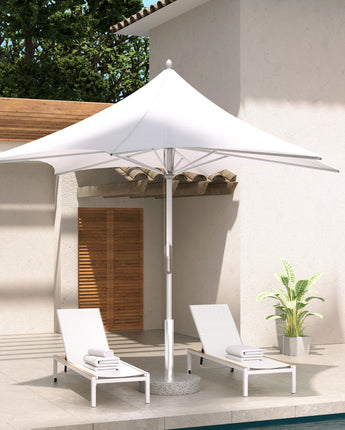 Grand Patio 11 ft sunshade umbrella with a white canopy, positioned beside two lounge chairs by a pool.