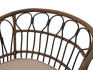 Close-up of a wicker chair with a brown cushion on a white background