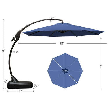 Grand patio 11 ft cantilever patio umbrella with a blue canopy and a black base, showing dimensions and design details.