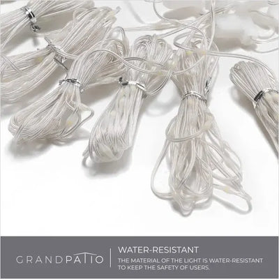 String lights with water-resistant material on a white background, featuring the Grand patio brand.