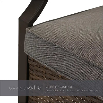 Gray cushion on a wicker chair with 'Grand patio' branding and text about cushion properties.
