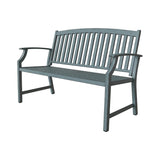 Grand Patio outdoor bench with a faux wood finish, featuring a slatted backrest and armrests, in a light blue color.