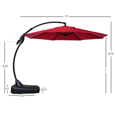 Red cantilever patio umbrella with a black base, measuring 11 feet in diameter and 12 feet in height.