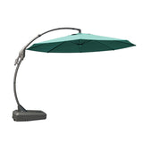 Grand patio 12 ft deluxe Napoli Sunbrella cantilever umbrella in teal with a sturdy base and curved support arm.