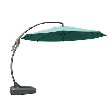 Grand patio 12 ft deluxe Napoli Sunbrella cantilever umbrella in teal with a sturdy base and curved support arm.