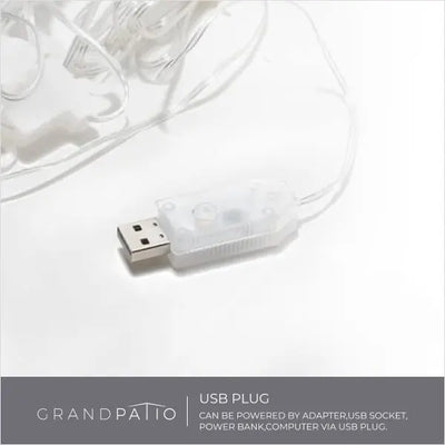 USB plug with clear plastic casing on a white background, featuring Grand patio branding.