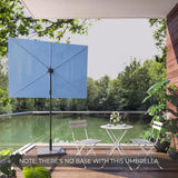 Rectangular flat patio market umbrella in light blue, set on a wooden deck by a green lake, with white bistro table and ch...