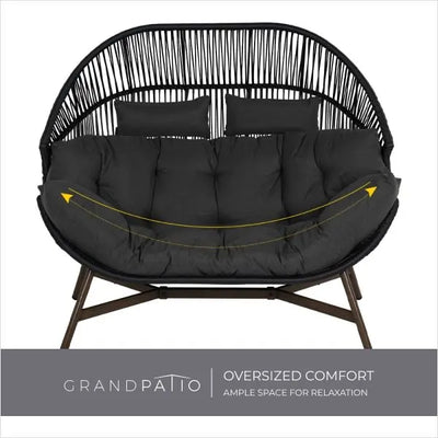 Black cushioned chair with 'GrandPatio' branding on a white background