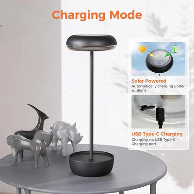 Black lamp on a table with solar and USB charging modes explained.