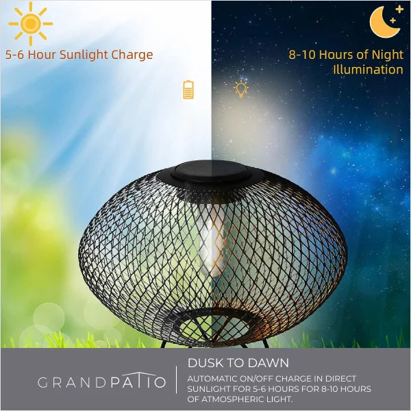 Solar light fixture with text about sunlight charge and night illumination, branded as Grand patio.