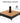Wooden patio umbrella base with dimensions and sandbag weight information on a white background