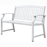 White aluminum and steel garden bench with faux wood finish, featuring slatted backrest and armrests.