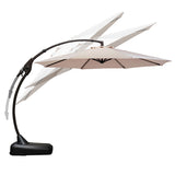 Grand Patio 11 ft cantilever patio umbrella with a beige canopy and a sturdy black base, positioned at an angle.