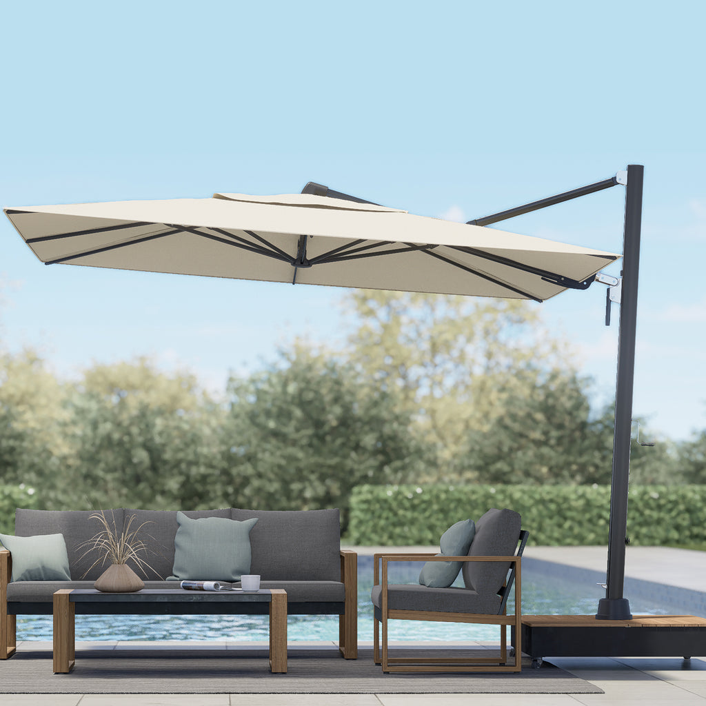 cantilever patio umbrella with rolling base Stand Refillable HDPE Weight Reservoirs Heavy Duty Setup That Keeps It Steady In Wind 253 To 363 Lb making it easy to move and position Pellebant 9 ft. x 11