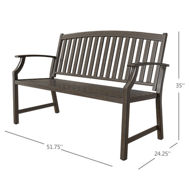 GRAND PATIO outdoor bench with anti-rust aluminum frame and faux wood finish, measuring 51.75" wide and 35" tall.