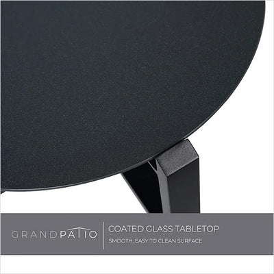 Round black coated glass tabletop with 'Grand patio' branding on a white background