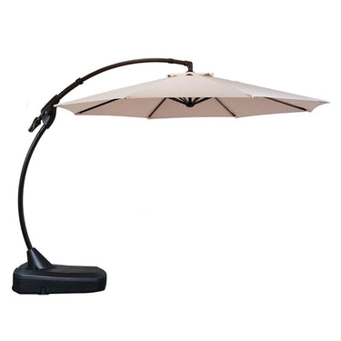 Grand Patio 12 ft Deluxe Napoli Sunbrella cantilever umbrella with a beige canopy and black curved pole and base.