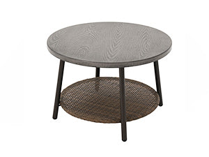 Round metal coffee table with textured surface on a white background