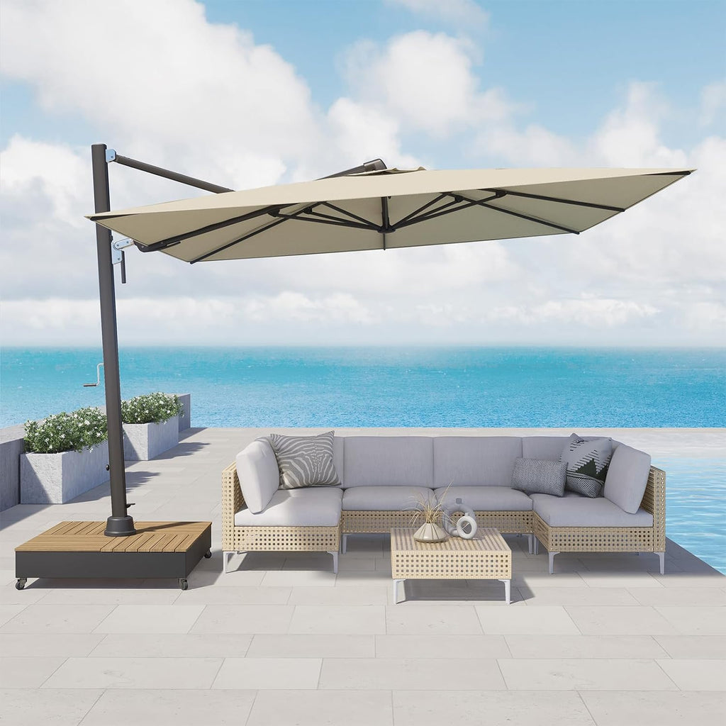 GRAND Patio 10x13 ft Patio Umbrella with Base, Acrylic Outdoor Cantilever Aluminum Umbrella, 5-Year-Non-Fading Rectangular Offset Umbrella with Cover