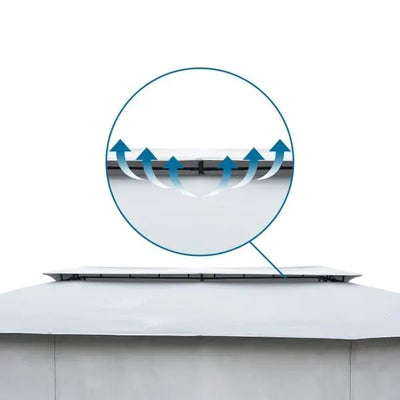Laptop on a white surface with a close-up of cooling system details.