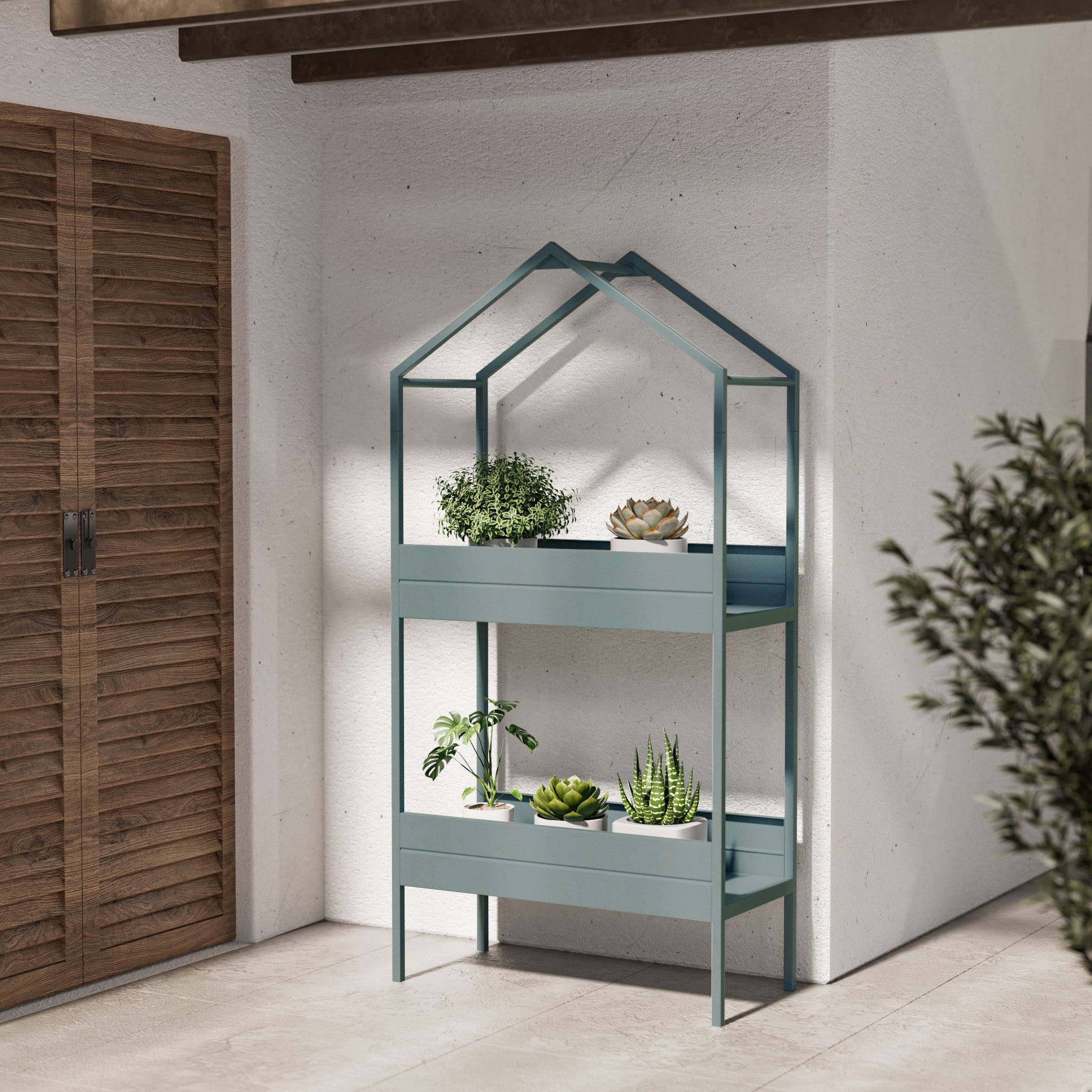 2 tier indoor plant stand Grandpatio Outdoor Steel Planter Stand With Large Storage