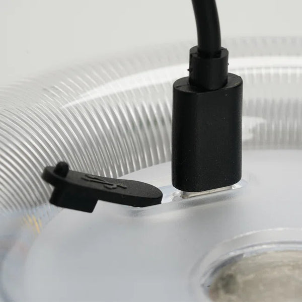Close-up of a black lampshade clip on a transparent lampshade.