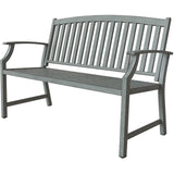 Gray aluminum and steel garden bench with faux wood finish, featuring slatted backrest and armrests.