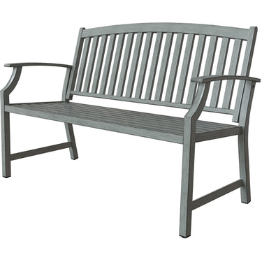 Gray aluminum and steel garden bench with faux wood finish, featuring slatted backrest and armrests.