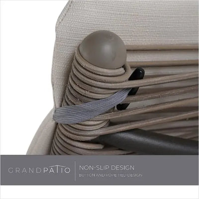 Close-up of a chair with a non-slip design featuring a button and rope tied together, branded as GrandPatio.