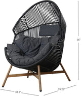 Black wicker egg chair with gray cushion and wooden legs, featuring a unique curved design and supportive backrest.